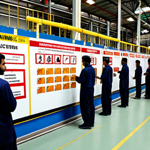 **Industrial safety training session**: A diverse group of factory workers attentively participating in a safety training session. Show a modern factory setting with safety posters in the background. Include Urdu text on the posters.