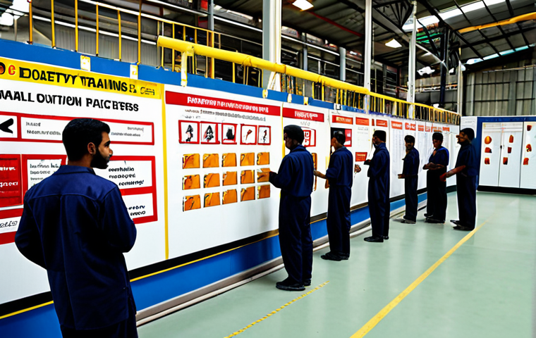 **Industrial safety training session**: A diverse group of factory workers attentively participating in a safety training session. Show a modern factory setting with safety posters in the background. Include Urdu text on the posters.